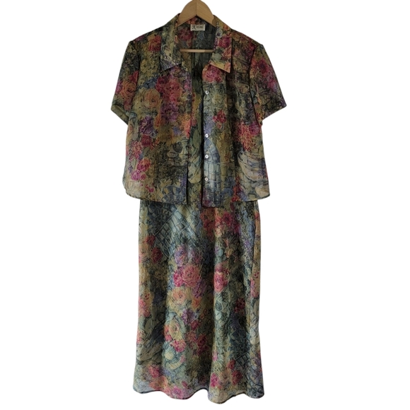 VTG Tank Maxi Dress + Button Up Top Twinnie Set Multi Floral Cottagecore Fairy - Picture 1 of 13